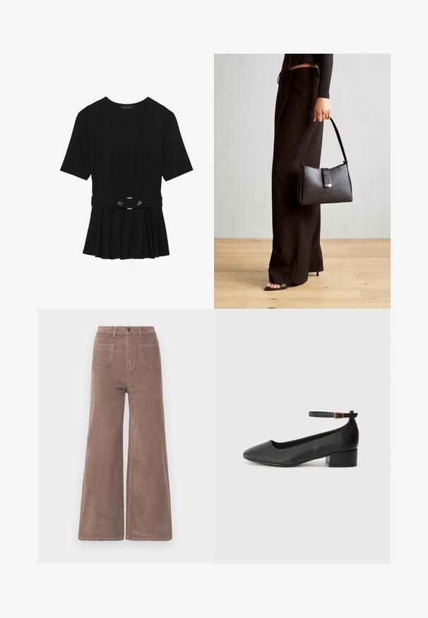 Svart kortärmad topp i slätt material med peplumdesign och bälte i midjan, prydd med två runda knappar i silverfärg.; Bruna kordflodbyxor med vida ben och hög midja, med knappstängning, två bakfickor och vertikal ribbad textur.; Svart läderpump med spetsig tå och en låg klack. Har en ankelsnodd med en guldtonad spänne. Slät textur.; Svart handväska med strukturerad form, slät yta och metallspänne. Matchad med vida svarta byxor och sandaler med öppen tå på trägolv.