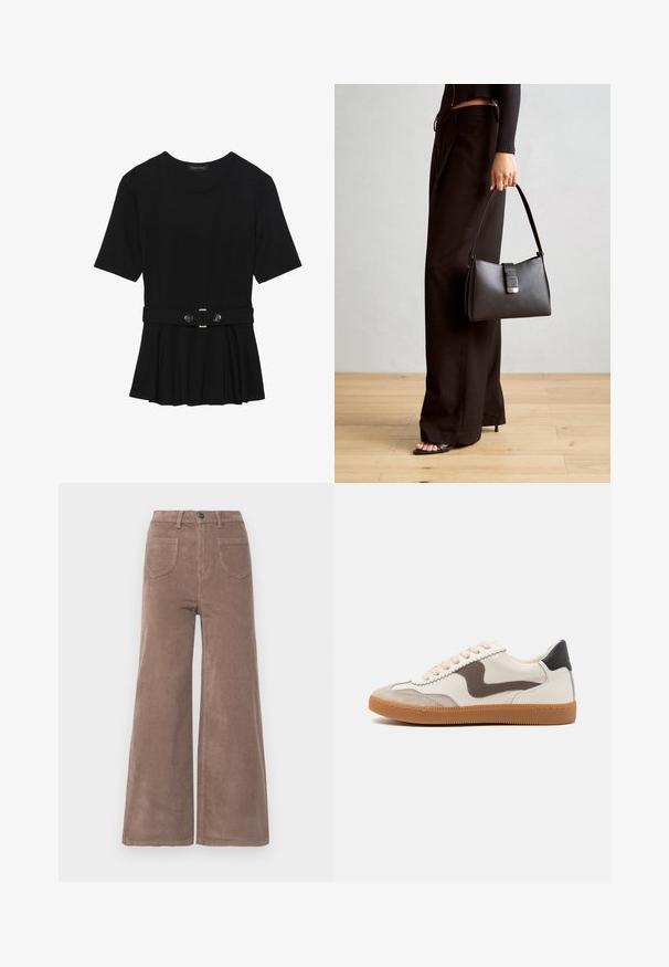 Top corto nero a maniche corte realizzato in materiale liscio, con design peplum e vita cintata adornata da due bottoni tondi in tono argento.; Pantaloni a gamba larga in velluto a coste marrone con vita alta, dotati di chiusura a bottone, due tasche posteriori e texture a coste verticali.; Sneaker con tomaia in pelle crema, con accento in suede marrone scuro, lacci beige e suola in gomma; design classico a profilo basso.; Borsa nera con forma strutturata, texture liscia e una chiusura metallica. Abbinata a pantaloni neri larghi e sandali open-toe su un pavimento in legno.