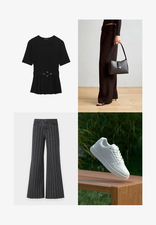 Črn kratek rokav srajca iz gladkega materiala, z obliko pepluma in pasom s pasom ter dvema okroglega srebrno-toniranima gumboma.; Črne flare kavbojke iz denima, ki imajo vzorec majhnih srebrnih kavljic razporejenih navpično. Vključujejo pet žepov in zapiranje na gumb.; Bela teniska s gladkim sintetičnim zgornjim delom, perforiranim prednjim delom, ravnimi vezalkami in teksturiranim podplatom, prikazana na leseni površini.; Črna torbica z strukturirano obliko, gladko teksturo in kovinskim zaponko. Ujemajo se z širokimi črnimi hlačami in odprtimi sandali na lesenem tleh.