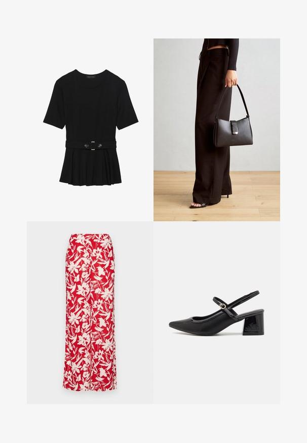 Schwarzes Kurzarmoberteil aus glattem Material, mit einem Peplum-Design und einem taillierten Bund, der mit zwei runden, silberfarbenen Knöpfen ausgestattet ist.; Roter Maxirock aus leichtem Stoff. Er hat große weiße Blumenmuster und eine taillierte Taille, die eine gerade Silhouette bietet.; Schwarze Lackleder-Slingback-Absätze mit spitzer Zehenform, einem runden Ausschnitt-Design und einem Blockabsatz. Mit einem goldfarbenen Schnallenakzent.; Schwarze Handtasche mit strukturierter Form, glatter Textur und einem metallischen Verschluss. Kombiniert mit weiten schwarzen Hosen und offenen Sandalen auf einem Holzboden.