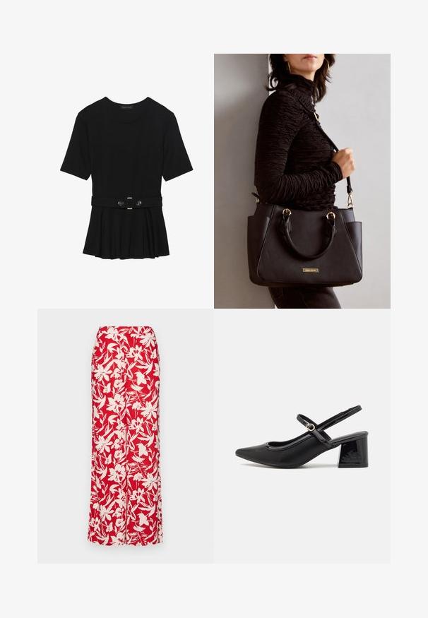 Top preto de mangas curtas, feito de material suave, com design peplum e uma cintura cinto com dois botões redondos em tom prateado.; Saia maxi floral vermelha feita de tecido leve. Apresenta grandes padrões de flores brancas e uma cintura ajustada, oferecendo uma silhueta reta.; Sabrinas de cerâmica preta com salto bloco, bico apontado e um design com recortes arredondados. Apresenta um detalhe em fivela de tom dourado.; Bolsa preta com superfície texturizada, alças superiores duplas e alça de ombro ajustável. Apresenta ferragens em tom dourado e bolsos laterais.