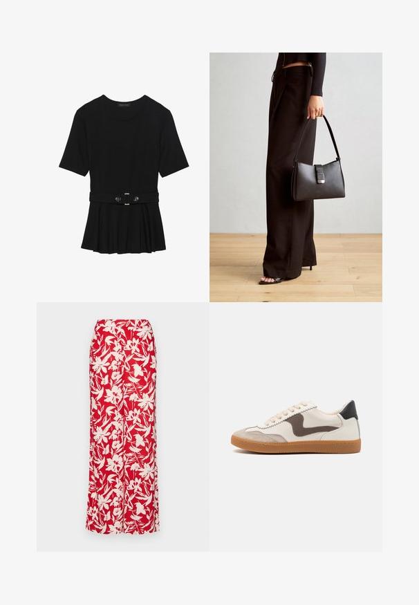 Czarna bluzka krótki rękaw wykonana z gładkiego materiału, z fasonem peplum i paskiem w talii z dwoma okrągłymi, srebrnymi guzikami.; Czerwona długa spódnica w kwiaty, uszyta z lekkiego materiału. Posiada duże białe wzory kwiatowe oraz dopasowaną talię, co zapewnia prosty fason.; Sneakers z górną częścią z kremowej skóry z akcentem z ciemno-brązowego zamszu, beżowymi sznurowadlami i podeszwą z gumowej gumy; klasyczny niski profil.; Czarna torebka o usztywnionym kształcie, gładkiej fakturze i metalowym zapięciem. Połączona z szerokimi czarnymi spodniami i sandałami na otwartym palcu na drewnianej podłodze.