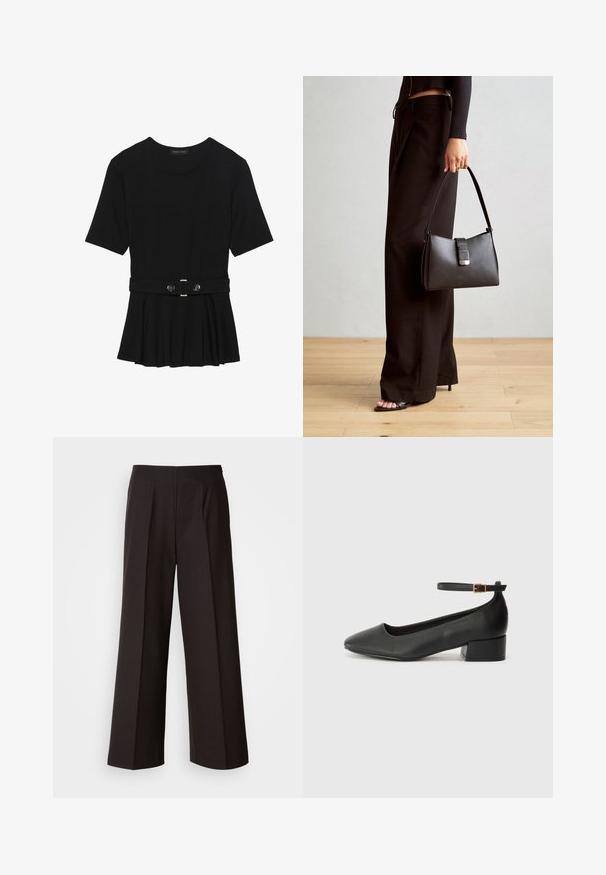 Črn kratek rokav srajca iz gladkega materiala, z obliko pepluma in pasom s pasom ter dvema okroglega srebrno-toniranima gumboma.; Črne široke hlače s ravnim sprednjim delom, pliseji in gladko teksturo tkanine. Imajo visok pas in skrbno krojen silhueto za strukturiran videz.; Črne usnjene pumpice z nazobčanimi prsti in nizko blokasto peto. Imajo trak okoli gležnja z zaponko v zlatem tonu. Gladka tekstura.; Črna torbica z strukturirano obliko, gladko teksturo in kovinskim zaponko. Ujemajo se z širokimi črnimi hlačami in odprtimi sandali na lesenem tleh.