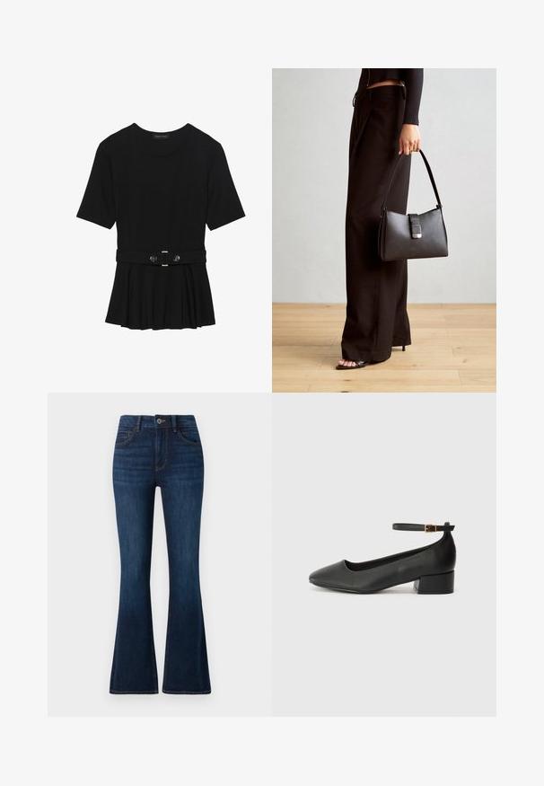Zwart топ met korte mouwen van glad materiaal, voorzien van een peplum ontwerp en een riem in de taille met twee ronde, zilverkleurige knopen.; TOM TAILOR STELLA donkerblauw denim; Zwarte leren pump met een spitse neus en een lage blokhak. Beschikt over een enkelband met een goudkleurige gespsluiting. Gladde textuur.; Zwarte handtas met gestructureerde vorm, gladde textuur en een metalen sluiting. Gecombineerd met brede zwarte broeken en sandalen met open teen op een houten vloer.