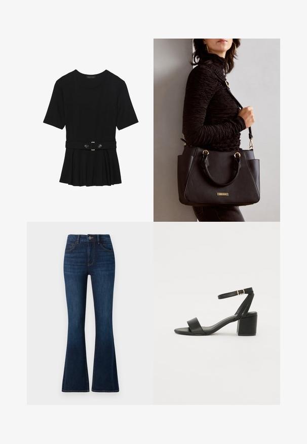Black short-sleeve top made of smooth material, featuring a peplum design and a belted waist with two round, silver-tone buttons.; TOM TAILOR STELLA dark-blue denim; Black heeled sandal featuring a smooth leather upper, an open toe, wide front straps, and adjustable ankle strap with a gold buckle detail.; Black handbag with textured surface, dual top handles, and adjustable shoulder strap. Features gold-tone hardware and side pockets.