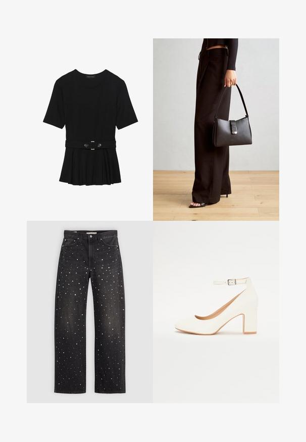 Juodas trumpomis rankovėmis viršus, pagamintas iš lygaus audinio, su peplum dizainu ir su diržu juosmenyje, papuoštas dviem apvaliomis sidabro spalvos mygtukais.; Juodi džinsai su laisvu fasonu, puošiami atsitiktinai išdėstytais sidabro, aukso ir baltais taškeliais. Sukurti su klasikinėmis kišenėmis ir metaliniais elementais.; Baltas aukštas kulnas su smailiu pirštu, blokiniu kulnu ir kulkšnies dirželiu. Lygus paviršius su subtiliu blizgesiu ir smėlio spalvos vidine pamušalu.; Juodas rankinė struktūrizuota forma, lygi tekstūra ir metalinis užsegimas. Suporuota su plačiomis juodomis kelnėmis ir atvirais bateliais ant medinių grindų.