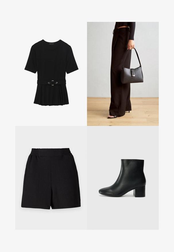 Must mustriga lühikeste varrukatega tipp, valmistatud siledast materjalist, millel on peplum-disain ja vöödiga talje, millel on kaks ümmargust, hõbedase tooni nuppu.; Mustavad lühikesed püksid tekstuuriga kangast, elastse vöökojaga ja sirge lõikega. Omab puhtat disaini, ilma lisakaunistuste või mustriteta.; Mustad nahast pahkluu saapad terava varbaga ja jämeda kandaga. Sile tekstuur minimaalse aktsentidega ja stiilne, lihvitud disain.; Must musta kott, millel on struktureeritud kuju, sile tekstuur ja metallist klamber. Kombineeritud laiate mustade pükstega ja avatud varvaste sandaalidega puidust põrandal.
