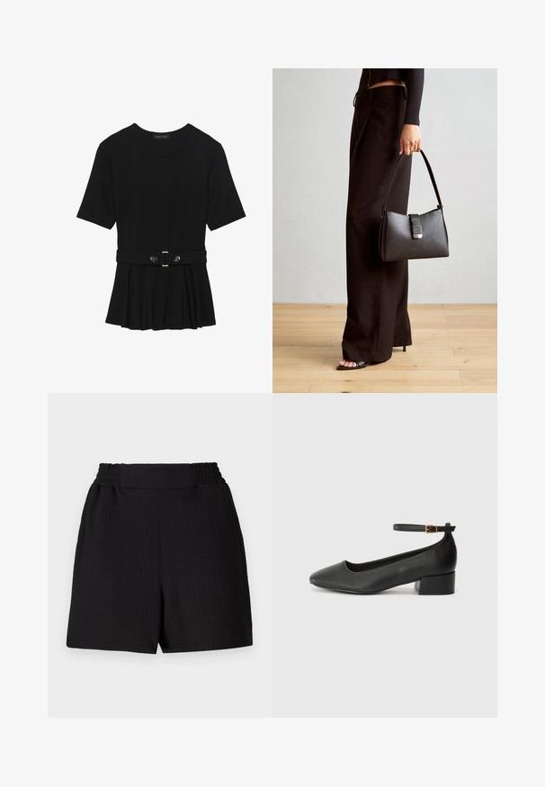 Top negro de manga corta fabricado en un material suave, con un diseño de peplum y una cintura ceñida con un cinturón que incluye dos botones redondos en tono plateado.; Pantalones cortos negros con una tela texturizada, cinturilla elástica y corte recto. Presentan un diseño limpio sin acentos ni patrones adicionales.; Zapato de tacón negro de cuero con punta afilada y tacón bajo cuadrado. Presenta una correa para el tobillo con una hebilla en tono dorado. Textura suave.; Bolso negro con forma estructurada, textura suave y un cierre metálico. Combinado con pantalones anchos negros y sandalias de dedo en un suelo de madera.