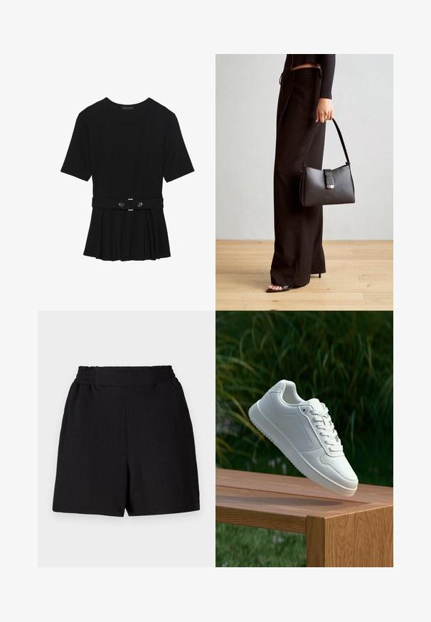 Črn kratek rokav srajca iz gladkega materiala, z obliko pepluma in pasom s pasom ter dvema okroglega srebrno-toniranima gumboma.; Črne kratke hlače iz teksturiranega blaga, z elastičnim pasom in ravnim krojem. Imajo čist dizajn brez dodatnih akcentov ali vzorcev.; Bela teniska s gladkim sintetičnim zgornjim delom, perforiranim prednjim delom, ravnimi vezalkami in teksturiranim podplatom, prikazana na leseni površini.; Črna torbica z strukturirano obliko, gladko teksturo in kovinskim zaponko. Ujemajo se z širokimi črnimi hlačami in odprtimi sandali na lesenem tleh.
