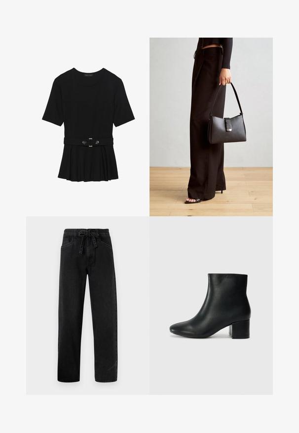 Svart kortermet topp laget av glatt materiale, med en peplum-design og en belted midje med to runde knapper i sølvfarge.; Svarte denimbukser med snøring i livet, rett ben-design, fem lommer og subtilt falmet tekstur.; Sorte skinn ankelsko med spiss tå og chunky hæl. Glatt tekstur med minimale detaljer og et elegant, tettsittende design.; Svart håndveske med strukturert form, jevn tekstur og metallisk lås. Kombinert med brede svarte bukser og sandaler med åpen tå på tregulv.