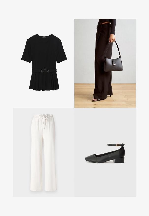 Haut noir à manches courtes fabriqué en matériau lisse, avec un design peplum et une taille ceinturée ornée de deux boutons ronds en métal argenté.; Pantalon large blanc en tissu doux, avec une taille à cordon de serrage et une texture lisse. Aucun motif ni embellissement visible.; Escarpin en cuir noir avec un bout pointu et un petit talon bloc. Doté d'une bride de cheville avec une boucle dorée. Texture lisse.; Sac à main noir à la forme structurée, texture lisse et fermoir métallique. Associé à un pantalon noir ample et des sandales ouvertes sur un sol en bois.