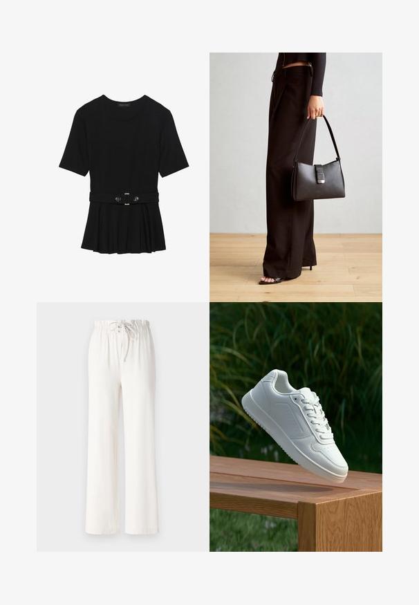 Svart kortärmad topp i slätt material med peplumdesign och bälte i midjan, prydd med två runda knappar i silverfärg.; Vita vida byxor i mjukt tyg, med resår och snörning i midjan samt en slät yta. Inga mönster eller dekorationer synliga.; Vita sneakers med en slät syntetisk ovandel, perforerat tåparti, platta snören och en strukturerad sula, placerade på en träyta.; Svart handväska med strukturerad form, slät yta och metallspänne. Matchad med vida svarta byxor och sandaler med öppen tå på trägolv.