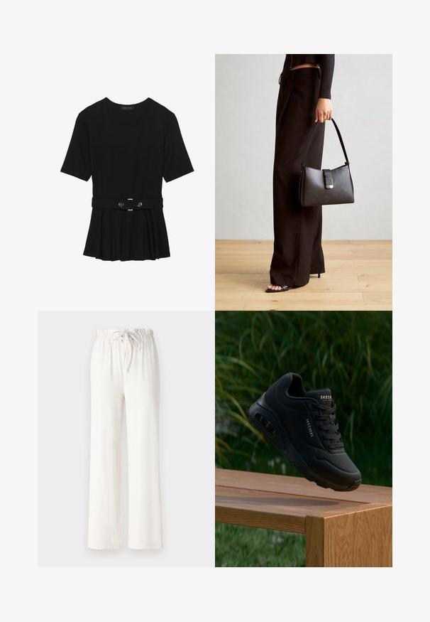 Top negro de manga corta fabricado en un material suave, con un diseño de peplum y una cintura ceñida con un cinturón que incluye dos botones redondos en tono plateado.; Pantalones de pierna ancha blancos, hechos de un tejido suave, con cintura ajustable y textura lisa. Sin patrones ni adornos visibles.; Zapatilla negra con parte superior texturizada, cuello acolchado y cordones. Cuenta con amortiguación de aire, detalles del logo y una suela de goma flexible.; Bolso negro con forma estructurada, textura suave y un cierre metálico. Combinado con pantalones anchos negros y sandalias de dedo en un suelo de madera.