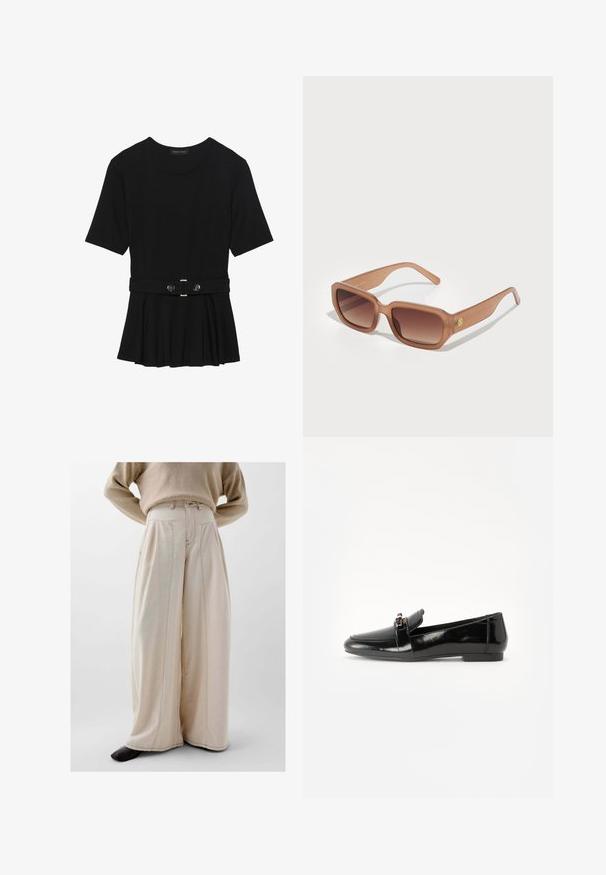 Sort kortærmet top lavet af glat materiale, med en peplum-design og en bælte i taljen med to runde, sølvfarvede knapper.; Beige breddebenede bukser lavet af tekstureret stof, med høj talje, frontfolder og synlige sømdetaljer.; Sort laklæder loafers med flad sål, rund tå og en dekorativ rem med en guld-tonet accent. Glat, blank finish.; Brune rektangulære solbriller med gradientlinser, tykke stel og logo-detalje på siden. Glat plastmateriale, minimal design.