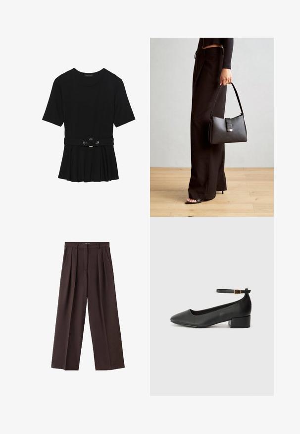 Black short-sleeve top made of smooth material, featuring a peplum design and a belted waist with two round, silver-tone buttons.; Brown wide-leg trousers made from textured fabric, featuring front pleats, side pockets, and a classic waistband design.; Black leather pump with a pointed toe and a low block heel. Features an ankle strap with a gold-tone buckle. Smooth texture.; Black handbag with structured shape, smooth texture, and a metallic clasp. Paired with wide black pants and open-toe sandals on wooden floor.