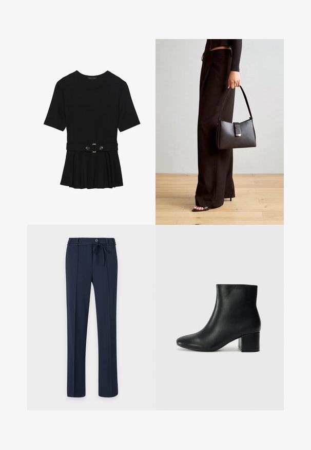 Čierny krátky rukáv top vyrobený z hladkého materiálu, so strihom peplum a opaskom v páse so syntetickými guľatými striebornými gombíkmi.; Námornícke nohavice z hladkej tkaniny, s elastickým pásom so šnúrkou, prednými záhybmi a rovnými nohavicami. Bez vreciek alebo výrazných vzorov.; Čierne kožené členkové čižmy s špicatou špičkou a hrubým podpätkom. Hladká textúra s minimálnymi akcentmi a elegantným, priliehavým dizajnom.; Čierna kabelka so štruktúrovaným tvarom, hladkou textúrou a kovovou sponou. V kombinácii so širokými čiernymi nohavicami a sandálmi s otvorenou špičkou na drevenej podlahe.