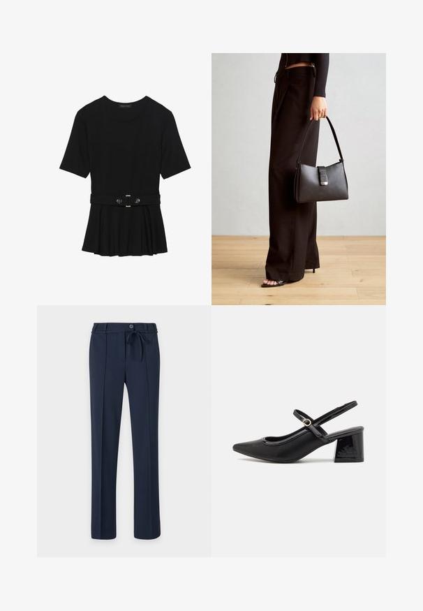Črn kratek rokav srajca iz gladkega materiala, z obliko pepluma in pasom s pasom ter dvema okroglega srebrno-toniranima gumboma.; Mornarske hlače iz gladkega materiala, z elastičnim pasom na vrvico, sprednjimi gubami in ravnim krojem. Brez žepov ali opaznih vzorcev.; Črne patentne usnjene salonarce s slingback obliko, s koničastim nosom, zaobljenim izrezom in blok peto. Imajo zlato kovinsko zaponko kot dodatno okrasje.; Črna torbica z strukturirano obliko, gladko teksturo in kovinskim zaponko. Ujemajo se z širokimi črnimi hlačami in odprtimi sandali na lesenem tleh.