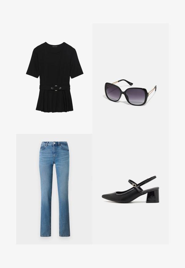 Must mustriga lühikeste varrukatega tipp, valmistatud siledast materjalist, millel on peplum-disain ja vöödiga talje, millel on kaks ümmargust, hõbedase tooni nuppu.; Hele sinised teksapüksid sirge säärekujundusega, millel on lukk, nööpidega sulgur ning esiküljel ja tagaküljel õmmeldud taskud.; Mustad läikivad nahast slingback-kõrged kontsad, millel on terav nina, ümar lõikekujundus ja blokknina. Omab kuldset nupu aktsenti.; Mustad ümarad päikeseglaasid, millel on gradient objektiivid, paksud raamid ja kuldse tooni kettaga kaunistused tempelitel.; Must musta kott, millel on struktureeritud kuju, sile tekstuur ja metallist klamber. Kombineeritud laiate mustade pükstega ja avatud varvaste sandaalidega puidust põrandal.