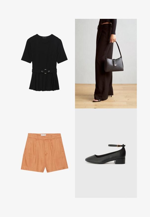 Top negro de manga corta fabricado en un material suave, con un diseño de peplum y una cintura ceñida con un cinturón que incluye dos botones redondos en tono plateado.; Pantalones cortos naranja con pliegues, hechos de tejido suave, con cremallera frontal, trabillas para cinturón y bolsillos laterales. La etiqueta dice "ANNA FIELD."; Zapato de tacón negro de cuero con punta afilada y tacón bajo cuadrado. Presenta una correa para el tobillo con una hebilla en tono dorado. Textura suave.; Bolso negro con forma estructurada, textura suave y un cierre metálico. Combinado con pantalones anchos negros y sandalias de dedo en un suelo de madera.