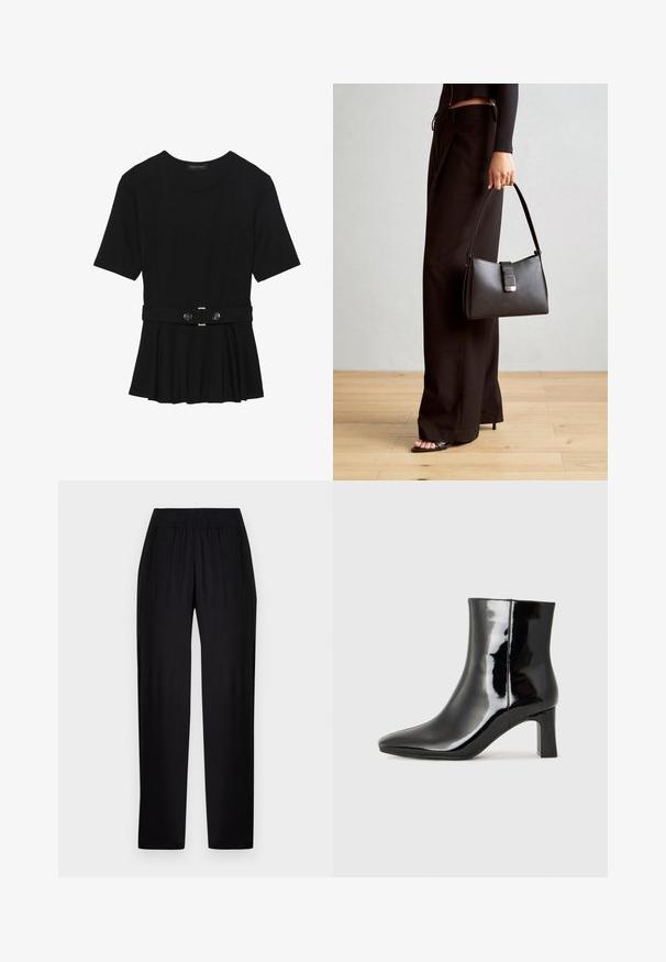 Black short-sleeve top made of smooth material, featuring a peplum design and a belted waist with two round, silver-tone buttons.; Black, smooth fabric trousers with a relaxed fit, elastic waistband, and straight legs. No visible patterns or accents.; Black patent leather ankle boot with a pointed toe and a mid-height block heel. Smooth texture and minimalist design.; Black handbag with structured shape, smooth texture, and a metallic clasp. Paired with wide black pants and open-toe sandals on wooden floor.