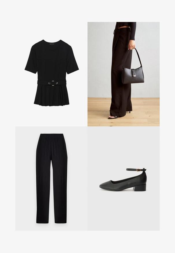 Musta lyhythihainen paita, joka on valmistettu sileästä materiaalista ja jossa on peplum-muotoilu sekä vyötäröllä vyö, jossa on kaksi pyöreää hopeanväristä nappia.; Mustat, sileät kangashousut rentoa istuvuutta, joustomaista vyötäröä ja suoria lahkeita. Ei näkyviä kuvioita tai korostuksia.; Mustat nahkakengät, joissa on terävä kärki ja matala lohkare korko. Varustettu nilkkahihnalla, jossa on kultasävyinen solki. Lisää sileä pinta.; Musta käsilaukku, jossa on rakenteellinen muoto, sileä pinta ja metallinen solki. Yhdistetty leveisiin mustiin housuihin ja avonaiheisiin sandaaleihin puulattialla.