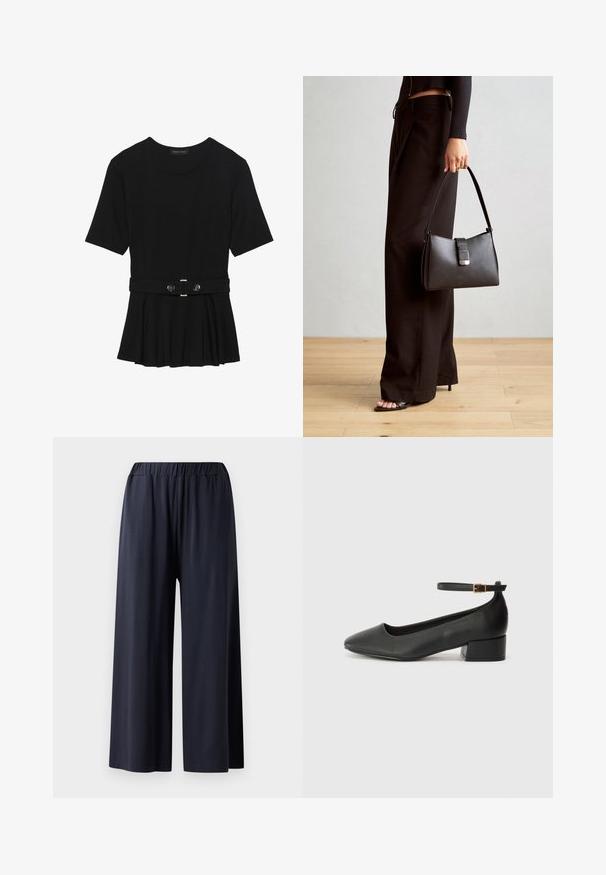 Μαύρη κοντομάνικη μπλούζα από λεία ύφανση, με σχέδιο peplum και ζωνάκι στη μέση, διακοσμημένο με δύο στρογγυρά, ασημί κουμπιά.; Φαρδύ παντελόνι σε σκούρο μπλε ύφασμα με ελαστική μέση, με λεία υφή και πλήρη μήκος.; Μαύρο δερμάτινο τακούνι με μυτερή μύτη και χαμηλό τετράγωνο τακούνι. Διαθέτει λουράκι στον αστράγαλο με χρυσό τόνο πόρπη. Λείο υφή.; Μαύρη τσάντα χειρός με δομημένο σχήμα, λεία υφή και μεταλλικό κούμπωμα. Συνδυασμένη με φαρδιά μαύρα παντελόνια και σανδάλια ανοιχτής μύτης πάνω σε ξύλινο πάτωμα.