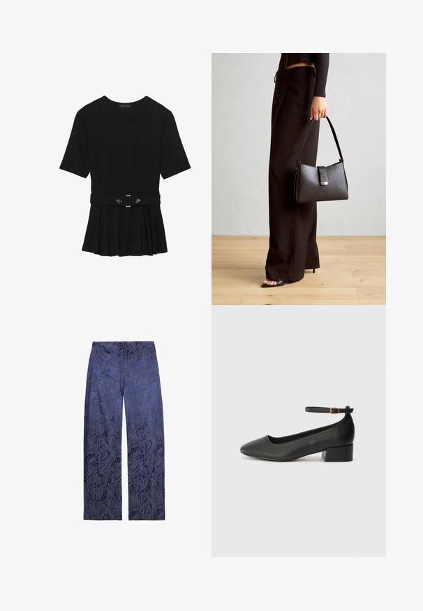 Black short-sleeve top made of smooth material, featuring a peplum design and a belted waist with two round, silver-tone buttons.; Wide-leg pants in dark blue with a textured, abstract pattern. Features a button closure and front pockets. Soft fabric with a smooth finish.; Black leather pump with a pointed toe and a low block heel. Features an ankle strap with a gold-tone buckle. Smooth texture.; Black handbag with structured shape, smooth texture, and a metallic clasp. Paired with wide black pants and open-toe sandals on wooden floor.