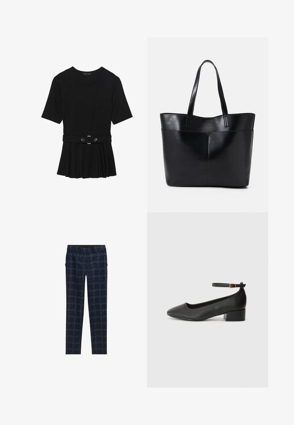 Juodas trumpomis rankovėmis viršus, pagamintas iš lygaus audinio, su peplum dizainu ir su diržu juosmenyje, papuoštas dviem apvaliomis sidabro spalvos mygtukais.; Tamsiai mėlynos liesos kelnės su baltu langeliu, su diržo kilpomis ir šoninėmis kišenėmis, padėtos ant baltos fono.; Juodas odinis aukštakulnis batelis su smailiu pirštu ir žemu bloku. Su kulkšnies dirželiu su auksinės spalvos sagtimi. Lygus paviršius.; Juoda odinė rankinė su dviem ilgais diržais, lygiu paviršiumi ir struktūrizuota forma. Yra priekinė kišenė papildomam saugojimui.