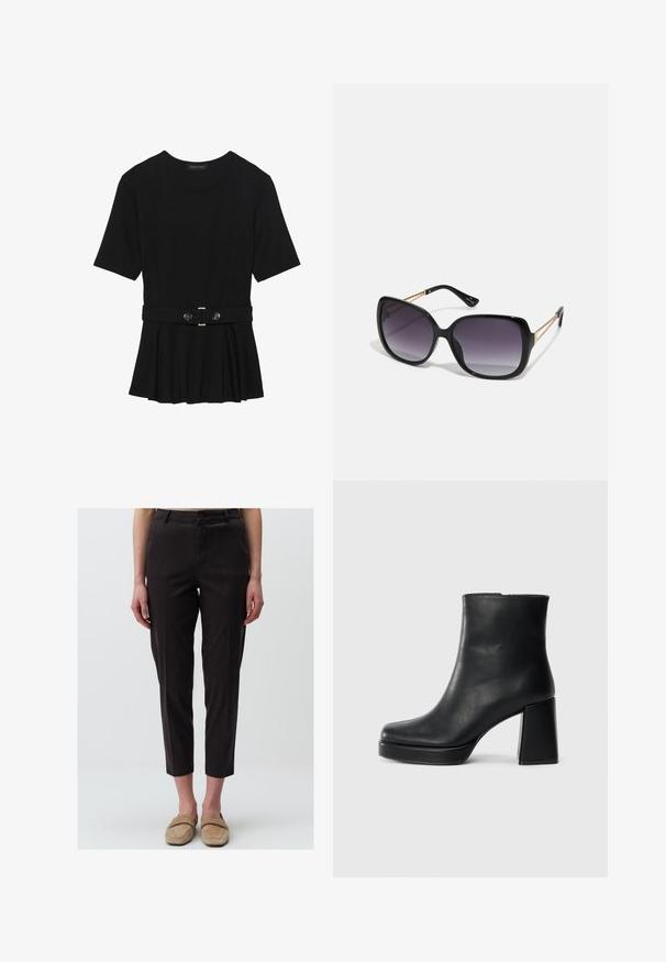 Czarna bluzka krótki rękaw wykonana z gładkiego materiału, z fasonem peplum i paskiem w talii z dwoma okrągłymi, srebrnymi guzikami.; Ciemnobrązowe spodnie o średnim stanie wykonane z mieszanki bawełny, z wąskim krojem i przednimi kieszeniami, o gładkiej fakturze. Skrócona długość powyżej kostki.; Czarne skórzane botki za kostkę z blokowym obcasem i platformą, widok z boku na białym tle.; Czarne oversize okulary przeciwsłoneczne z gradientowymi soczewkami, grubymi oprawkami i złotym łańcuszkiem na ramionach.