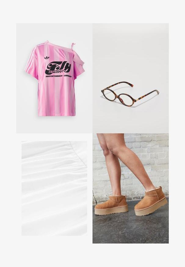Camiseta de rayas rosas con un hombro descubierto, presenta un texto gráfico negro "Fly TANZBAR Obertattenbach – Birnbach" y tres rayas blancas en las mangas.; Tejido blanco con caídas suaves y textura plisada, que presenta un material ligero y suave en una presentación limpia y nítida.; Botas de tobillo de ante marrón con forro suave, suela de plataforma gruesa beige y una lengüeta trasera. Superficie texturizada con detalles de costura visibles.; Gafas de tortuga con montura ovalada, lentes claros y detalles en dorado. Presentan patillas curvadas y un acabado suave y brillante.; Bolso tote rosa hecho de material texturizado, con dos asas largas y un logotipo grabado en la parte frontal. Cierre superior con cremallera.