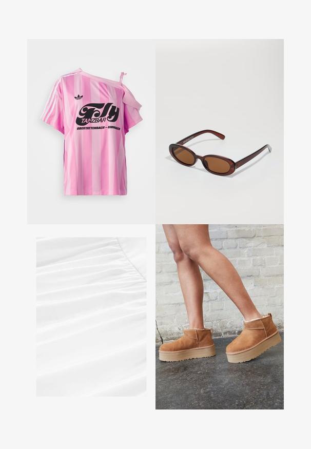 Lyserød stribet t-shirt med den ene skulder eksponeret, prydet med sort grafisk tekst "Fly TANZBAR Obertattenbach – Birnbach" og tre hvide striber på ærmerne.; Hvidt stof med blød drapering og plisseret struktur, der fremviser et glat, let materiale i en ren, skarp præsentation.; Brune ruskinds ankelsko med en blød foring, tyk beige plattformsål og en bageste løkke. Tekstureret overflade med synlige sømdetaljer.; Runde, bruntonede solbriller med en glansfuld bordeauxramme. Slanke arme med diskret brandingdetalje. Flad linsedesign.; Rosa tote taske lavet af tekstureret materiale, med to lange håndtag og et præget logo på forsiden. Lynlåslukning i toppen.