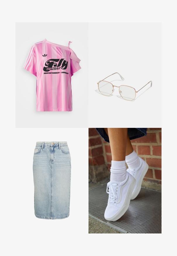 Roze gestreepte T-shirt met één schouder bloot, met daarop zwarte grafische tekst "Fly TANZBAR Obertattenbach – Birnbach" en drie witte strepen op de mouwen.; Leren denim kokerrok in lichtblauw, met een hoge taille, sluiting met knopen aan de voorkant, gestikte zakken en een rechte snit met een rafelige zoom.; Witte canvas sneakers met rubberen zolen, voorzien van zes vetertjes, een ronde neus en lichte stikdetails, gecombineerd met witte enkelsokken.; Rechthoekige bril met een dunne roségouden metalen montuur. Duidelijke glazen, transparante oortips en subtiele details rondom de glazen.