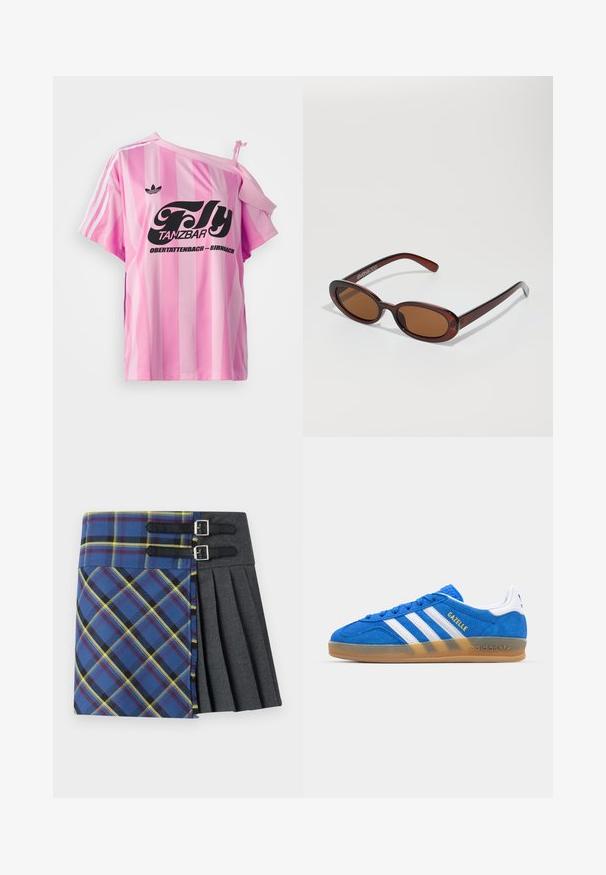 Roza majica s črtami, z enim izpostavljenim ramenom, z črnimi grafičnimi napisi "Fly TANZBAR Obertattenbach – Birnbach" in tremi belimi črtami na rokavih.; Tartan krilo z modro, zeleno in rumeno karirano, ki ima nabrano sivo sekcijo, pritrjeno z dvema črnima pasovima s srebrnimi zaponkami.; Modre semiš tene z belimi črtami in besedilom "Gazelle". Imajo gumijast podplat in strukturirane dodatke na zgornjem delu. Klasična zasnova.; Okrogle, rjavo obarvane sončne naočare z sijočim burgundskim okvirjem. Tanek nosilec s subtilnim logotipom. Oblika leč je ravna.