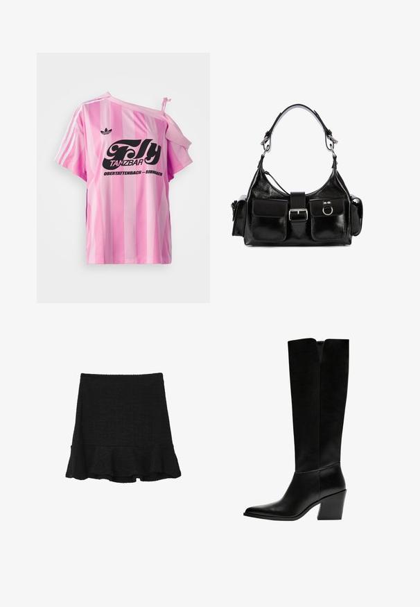 Rosa gestreiftes T-Shirt mit einem freiliegenden Schulter und schwarzem Grafiktext "Fly TANZBAR Obertattenbach – Birnbach" sowie drei weißen Streifen an den Ärmeln.; Schwarzer Minirock aus strukturiertem Stoff mit ausgestelltem Saum. Einfaches Design ohne sichtbare Hardware oder Muster.; Schwarze kniehohe Stiefel aus glattem Leder, mit spitzem Schuhbund, einem Blockabsatz und einem V-förmigen Ausschnitt an der Oberseite.; Schwarze Lederhandtasche mit glänzender Oberfläche, zentralem Druckknopf, zwei Fronttaschen und einem kurzen Schultergurt.