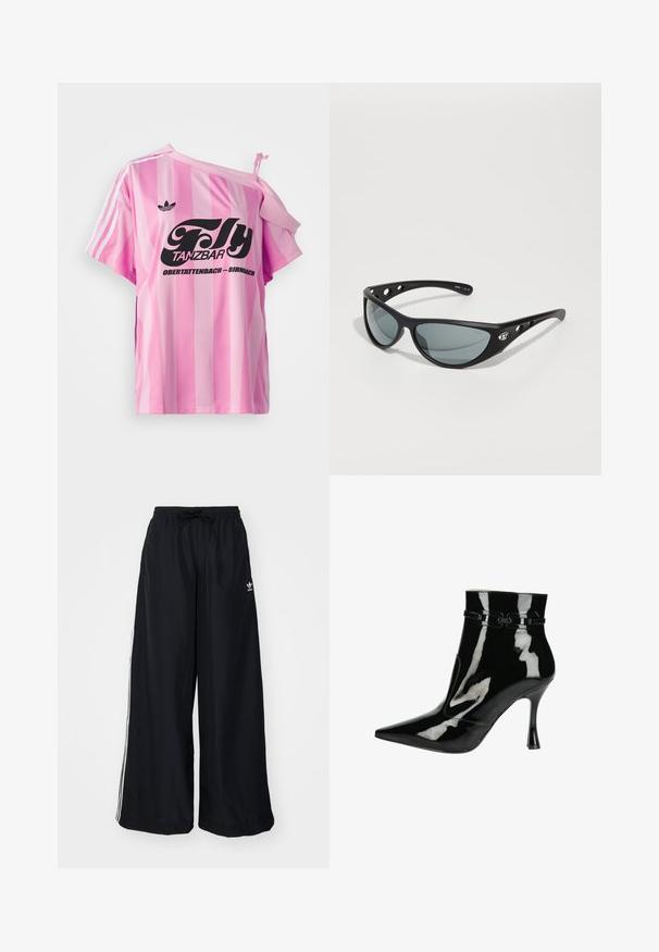 Růžové pruhované tričko s jedním odhaleným ramenem, se černým grafickým textem "Fly TANZBAR Obertattenbach – Birnbach" a třemi bílými pruhy na rukávech.; Černé kalhoty s širokým střihem vyrobené z lehkého materiálu. Mají elastický pas se stahovací šňůrkou a bílé postranní pruhy. Na bocích se nachází logo značky.; Černé lakované kozačky nad kotníky s špičatou špičkou, lesklým povrchem, elegantním designem a úzkým stiletto podpatkem. Dekorativní páskové akcenty.; Černé sluneční brýle s elegantním zakřiveným designem a šedými skly. Mají charakteristické otvory na spáncích a kovový logo detail.; Černá nylonová crossbody taška s nastavitelným popruhem, vybavená výrazným bílým logem. Nošena přes světle modré tričko. Jednoduchý, funkční design.