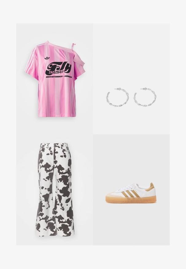 Rožinė vienspalvė marškinėliai su viena atvira pečiu, su juodu grafiniu tekstu "Fly TANZBAR Obertattenbach – Birnbach" ir trimis baltomis juostelėmis ant rankovių.; Balti džinsai su platėjančiais dugnais ir juodu karvės raštu. Savybės: penki kišenės, diržo kilpos ir priekinis užsegimas su mygtuku. Audinys atrodo patvarus.; Baltos sportbačiai su kreminiais akcentais, turintys tris juosteles, apvalią nosį ir permatomą gumos padą. Lygi oda ir tekstilinės medžiagos.; Sidabriniai auskarai žiedai su sukto dizaino, turintys poliruotą apdailą ir fiksavimo smeigtuką. Skersmuo maždaug 3 cm.