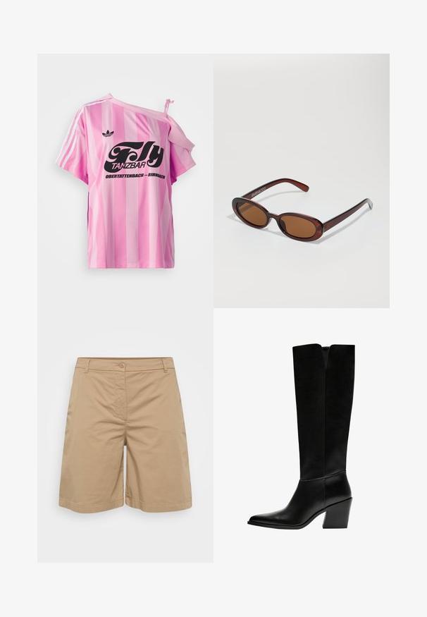 Ružičasta prugasta majica s jednim otkrivenim ramenom, s crnim grafičkim tekstom "Fly TANZBAR Obertattenbach – Birnbach" i tri bijele pruge na rukavima.; Khaaki kratke hlače izrađene od mekog pamuka s dodatkom, s ravnim nogavicama, kopčanjem na dugme i prednjim džepovima.; Crne čizme do koljena napravljene od glatke kože, s šiljastim vrhom, blok petom i V-oblika izrezom na vrhu.; Okvir okruglih, smeđkastih sunčanih naočala s sjajnim burgundskim okvirom. Uski nositelji s suptilnim brendiranjem. Ravna leća.