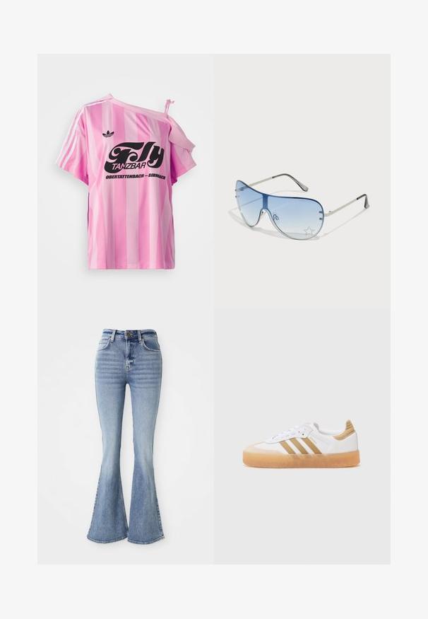 Ružičasta prugasta majica s jednim otkrivenim ramenom, s crnim grafičkim tekstom "Fly TANZBAR Obertattenbach – Birnbach" i tri bijele pruge na rukavima.; Svijetloplavi traperice visokog struka s flare nogavicama, prednjim gumbom i džepovima, prikazane na bijeloj pozadini.; Bijela tene s bež akcentima, s tri pruge, okruglim vrhom i prozirnim gumiranim đonom. Izrađene su od glatke kože i tekstilnih materijala.; Naočale tipa avijatičar s gradijentnim plavim staklima, okvirom od srebrnog metala i dekorativnim zvjezdastim naglascima na staklima. Glatki i elegantni dizajn.