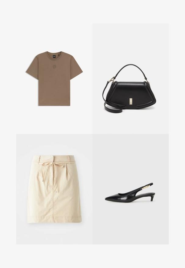 T-shirt in cotone marrone con maniche corte, colletto a girocollo ribbed e un piccolo logo ricamato sul petto. Tessuto liscio e vestibilità regolare.; Gonna khaki realizzata in tessuto leggero con vita aderente, dettaglio con coulisse, pieghe e cuciture sottili. Texture liscia.; Tacchi slingback in pelle nera con punta affusolata, caratterizzati da un tacco alto e un accento dorato sulla cinghia regolabile. Texture liscia.; Borsa a mano in pelle nera con un design strutturato, caratterizzata da una forma corta, manico superiore e accessori in metallo dorato. Inclusa tracolla regolabile.