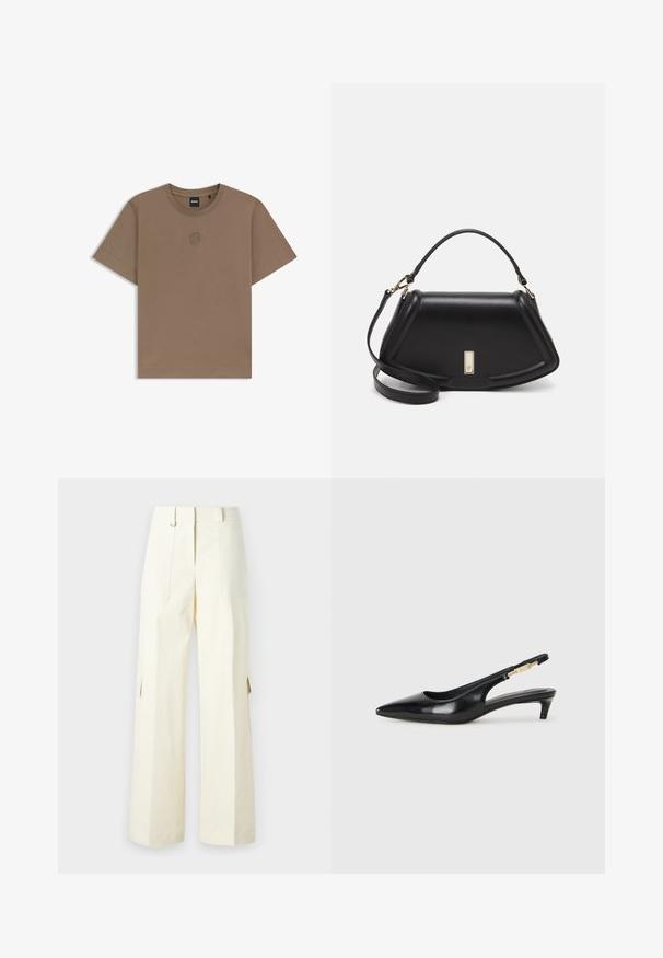 Brown cotton t-shirt with short sleeves, ribbed crew neck, and a small embroidered logo on the chest. Smooth texture and regular fit.; Wide-leg cargo pants in light cream fabric, featuring patch pockets, a high waist, and side slits for added detail and functionality.; Black leather slingback heels with a pointed toe, featuring a slim heel and a gold-tone accent on the adjustable strap. Smooth texture.; Black leather handbag with a structured design, featuring a cropped shape, top handle, and gold hardware accent. Adjustable shoulder strap included.