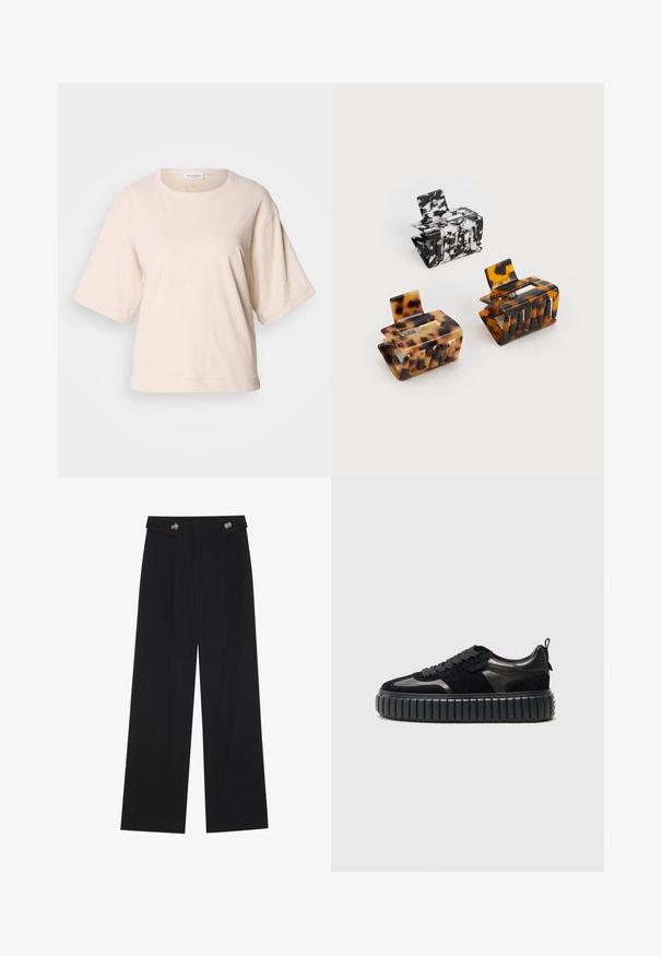 Šviesiai smėlio spalvos trumpomis rankovėmis marškinėliai, pagaminti iš minkštos medvilnės. Turi apvalų iškirpimą ir laisvą kirpimą su sukeltomis rankovėmis. Minimalistinis dizainas.; Juodi plačios kojos kelnės su aukštu liemeniu, sagų detalėmis ant liemens ir priekinėmis raukšlėmis.; Kennel + Schmenger ZAP - Sportbačiai - schwarz; Trys plaukų segtukai: vienas juodos ir baltos marmuro raštu, du gyslotieji rudo ir juodo atspalvių, visi pagaminti iš blizgaus plastiko su tekstūruotu paviršiumi.