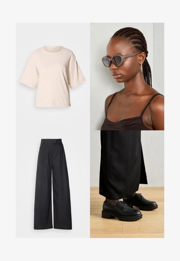 Vaalean beige lyhythihainen t-paita, joka on valmistettu pehmeästä puuvillasta. Mallissa on pyöreä kaula-aukko ja rento istuvuus käännetyillä hihoilla. Minimalistinen muotoilu.; Tumma, leveälahkeiset housut, joissa on rakenteellinen vyötärö ja laskokset. Valmistettu kevyestä kankaasta, jolla on sileä pinta ja ei näkyviä kuvioita.; Mustat nahkakengät, joissa on pyöristetyt varpaat, paksu kumipohja ja nauhat. Suunnittelussa on koristeompeleet yläosassa.; Harmaa ylisuuri aurinkolasit, joilla on pyöreä muoto ja tummat linssit. Tyylikäs muovikehys, jossa on sileä pinta. Mallilla on letitetty hiukset.