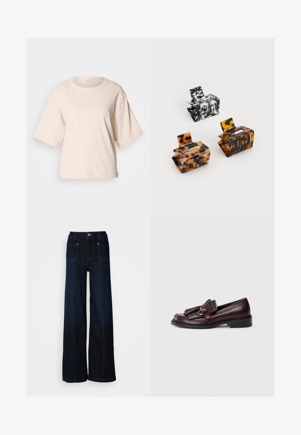 Hellbeige T-Shirt mit kurzen Ärmeln, aus weicher Baumwolle gefertigt. Verfügt über einen runden Halsauschnitt und einen lockeren Schnitt mit umgeschlagenen Ärmeln. Minimalistisches Design.; Weite, dunkelblaue Jeans mit weitem Bein. Verfügt über Fronttaschen, goldenes Zubehör und Kontrastnähte. Glatte Textur mit einem lässigen Design.; Bordeauxfarbene Leder-Loafers mit einem fransenartigen Akzent, abgerundeter Spitze und einem niedrigen, soliden schwarzen Absatz. Detaillierte Nähte entlang der Sohle.; Drei Haarklammern: eine schwarz-weiß marmorierte, zwei schildpattfarbene in Braun- und schwarzem Farbton, alle aus glänzendem Kunststoff mit einer strukturierten Oberfläche.