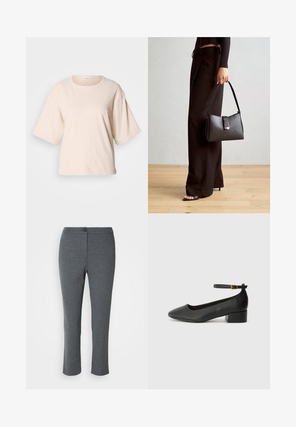 Jasno beżowy t-shirt z krótkim rękawem, wykonany z miękkiej bawełny. Posiada okrągły dekolt oraz luźny krój z podwiniętymi mankietami. Minimalistyczny design.; Szare spodnie wykonane z miękkiego materiału, z zapięciem na guzik, prostą nogawką i gładką fakturą. Brak kieszeni i widocznych wzorów.; Czarne skórzane szpilki z ostrym noskiem i niskim słupkowym obcasem. Wyposażone w pasek na kostkę z złotym zapięciem. Gładka tekstura.; Czarna torebka o usztywnionym kształcie, gładkiej fakturze i metalowym zapięciem. Połączona z szerokimi czarnymi spodniami i sandałami na otwartym palcu na drewnianej podłodze.