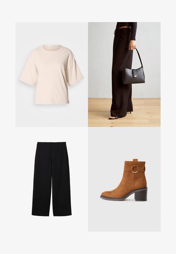 Lys beige kortærmet t-shirt, lavet af blødt bomuld. Har en rund halsudskæring og en løs pasform med opfoldede ærmer. Minimalistisk design.; Sorte bredbenede bukser lavet af et struktureret stof med høj talje, der har frontfald og et rent design. Ingen synlige lommer eller hardware.; Brune semskede ankelstøvle med rund tå, blokhæl og en dekorativ rem med en cirkulær spænde detalje.; Sort håndtaske med struktureret form, glat overflade og metalspænde. Sammen med brede sorte bukser og sandaler med åben tå på trægulv.