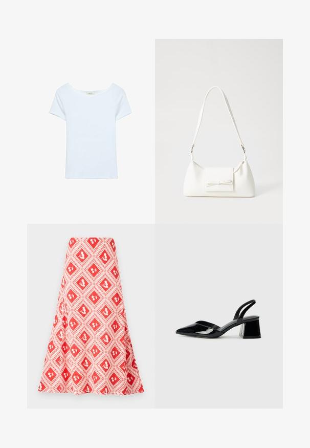 Weißes T-Shirt aus Rippstoff, mit weitem Rundhalsausschnitt und kurzen Ärmeln. Einfaches Design ohne Muster oder Akzente.; Rote und weiße gemusterte Rock mit einem diamantförmigen Design und kleinen Blumenmotiven sowie einem ausgestellten Schnitt, aus einem glatten Stoff gefertigt.; Schwarze Lackleder-Slingback-High Heels mit spitzem Schuh und einem geometrischen Blockabsatz. Verfügt über ein schlankes, minimalistisches Design und eine glatte Textur.; Weiße synthetische Handtasche in dreieckiger Form, flache Vorderklappe und Schleifendetail, verstellbarer Trageriemen, glatte Textur und minimalistisches Design.