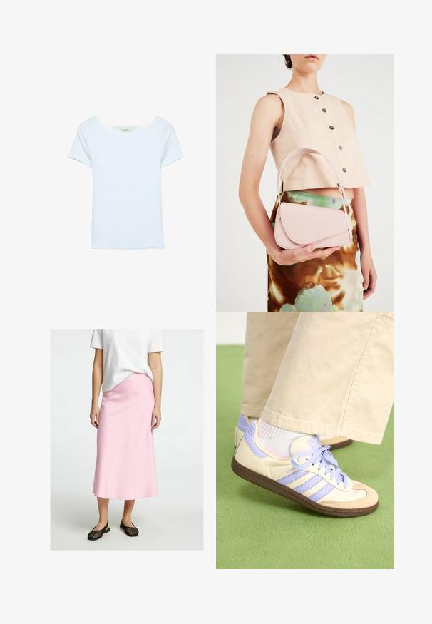 Witte t-shirt van ribstof, met een ruime ronde halslijn en korte mouwen. Eenvoudig ontwerp zonder patronen of accenten.; Lichtroze midi-jurk gemaakt van gladde stof, met een rechte snit. Gepaard met zwarte geweven instappers. Witte T-shirt gedeeltelijk zichtbaar.; Crème- en lavendel-sneakers met drie strepen en een gestructureerde bruine zool, voorzien van veters en een gewatteerde hiel. Zachte stoffen bovenkant.; Roze leren handtas met een gebogen klep, één schouderband en strakke lijnen. De tas vertoont een gladde textuur en een minimalistisch ontwerp.