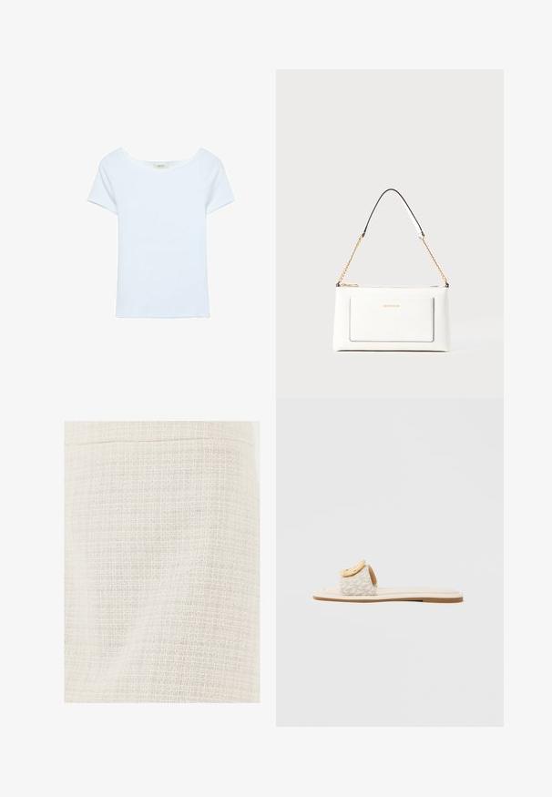Vit t-shirt i ribbad tyg, med en bred rund halsringning och korta ärmar. Enkel design utan mönster eller detaljer.; Närbild av krämfärgad vävd textil med ett subtilt rutmönster och texturerade trådar.; Slip-in-sandal med beige rem med geometriskt mönster, en rundad gul detalj på ovansidan och en platt, ljus sula.; Vit läderhandväska med texturerad yta, med guldkedjeslinga och svarta accenter. Inkluderar en framsida ficka och dragkedjestängning.