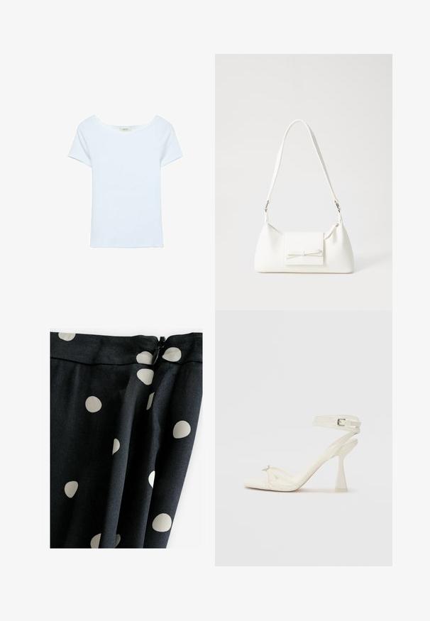 Maglietta bianca realizzata in tessuto a costine, con un ampio scollo rotondo e maniche corte. Design semplice senza pattern o dettagli.; Tessuto nero con grandi pois crema; texture liscia, design drappeggiato e chiusura con zip nella parte superiore.; Sandalo con tacco alto e fasce in pelle bianca, dal design elegante, con un tacco a blocco trasparente e un elemento decorativo sulla punta.; Borsa sintetica bianca a forma triangolare, con patta anteriore piatta e dettaglio a fiocco, tracolla regolabile, texture liscia e design minimalista.