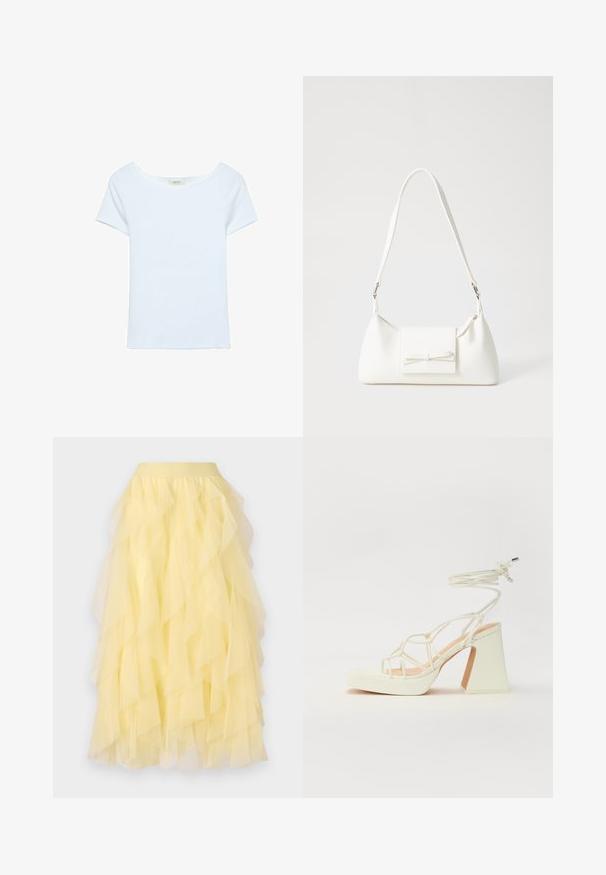 Weißes T-Shirt aus Rippstoff, mit weitem Rundhalsausschnitt und kurzen Ärmeln. Einfaches Design ohne Muster oder Akzente.; Gelber, schichtenförmiger Rock aus durchsichtiger Tüllware, der eine schwingende Silhouette mit überlappenden Rüschen und einem elastischen Bund aufweist.; Weiße High-Heel-Sandale mit einem klobigen Absatz, die über ein Riemchendesign und ein Knöchelband verfügt. Glatte Textur mit einer Plattform vorne für zusätzliche Höhe.; Weiße synthetische Handtasche in dreieckiger Form, flache Vorderklappe und Schleifendetail, verstellbarer Trageriemen, glatte Textur und minimalistisches Design.